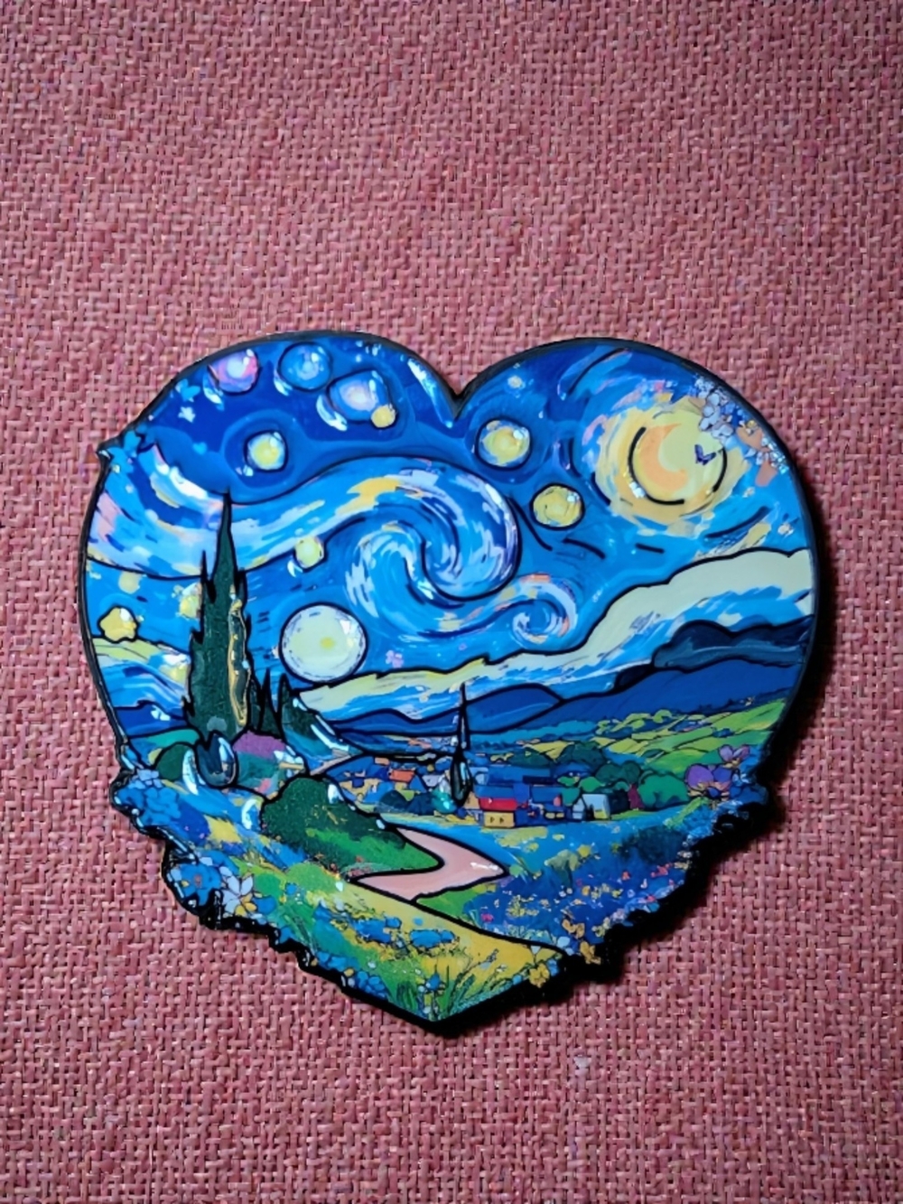 Starry Night Heart Pin - Blue Landscape